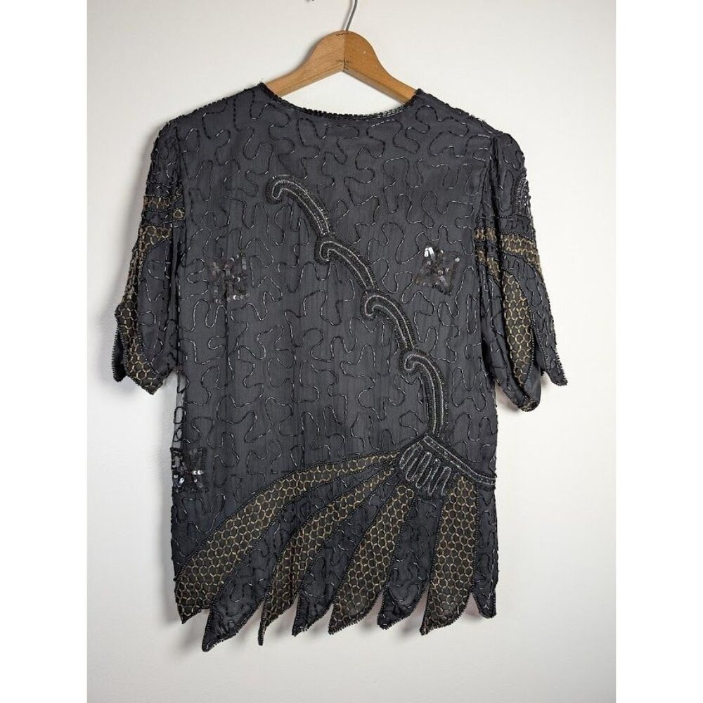 Vintage Laurence Kazar Blouse Large Sequin Beaded Silk Witchy Party Evening NEW - Picture 8 of 11